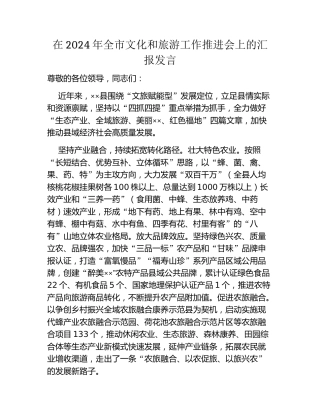 在2024年全市文化和旅游工作推进会上的汇报发言