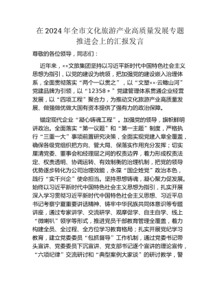 在2024年全市文化旅游产业高质量发展专题推进会上的汇报发言