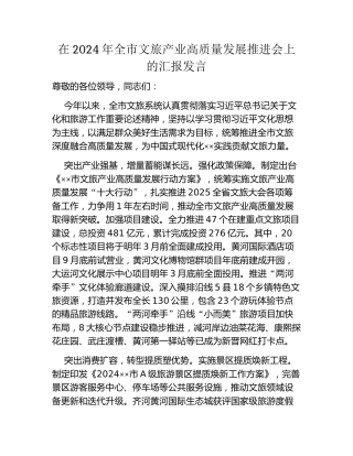 在2024年全市文旅产业高质量发展推进会上的汇报发言