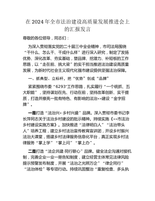 在2024年全市法治建设高质量发展推进会上的汇报发言