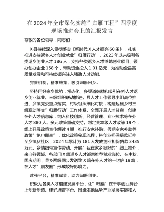 在2024年全市深化实施归雁工程四季度现场推进会上的汇报发言