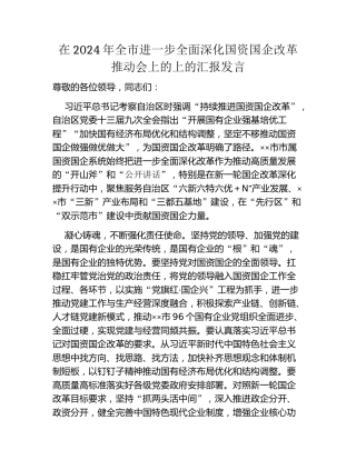 在2024年全市进一步全面深化国资国企改革推动会上的上的汇报发言