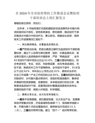 在2024年全市驻村帮扶工作推进会议暨驻村干部培训会上的汇报发言