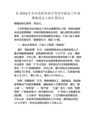 在2024年全市高校毕业生等青年就业工作部署推进会上的汇报发言