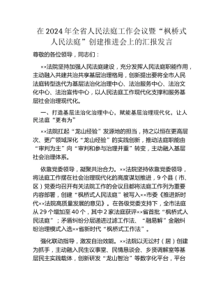 在2024年全省人民法庭工作会议暨“枫桥式人民法庭”创建推进会上的汇报发言