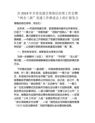 在2024年全省党建引领基层治理工作会暨“两企三新”党建工作推进会上的汇报发言