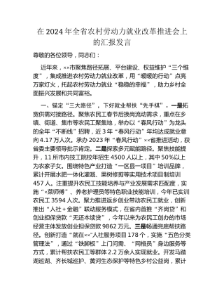在2024年全省农村劳动力就业改革推进会上的汇报发言