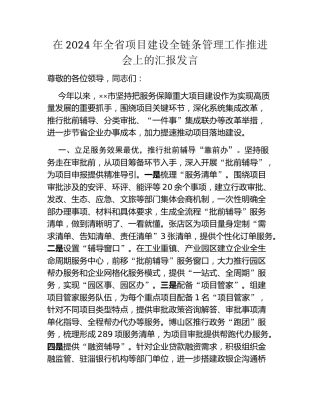在2024年全省项目建设全链条管理工作推进会上的汇报发言