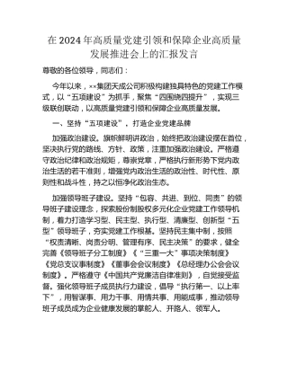 在2024年高质量党建引领和保障企业高质量发展推进会上的汇报发言