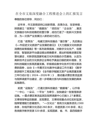 在全市文旅深度融合工程推进会上的汇报发言