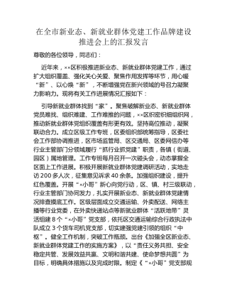 在全市新业态、新就业群体党建工作品牌建设推进会上的汇报发言