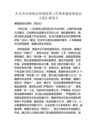 在全市行政执法协调监督工作体系建设推进会上的汇报发言