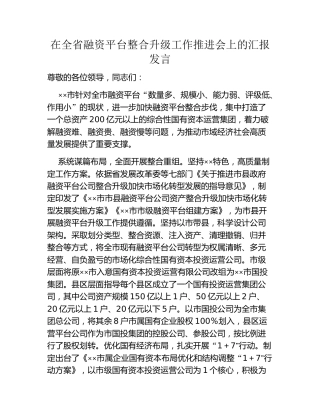 在全省融资平台整合升级工作推进会上的汇报发言