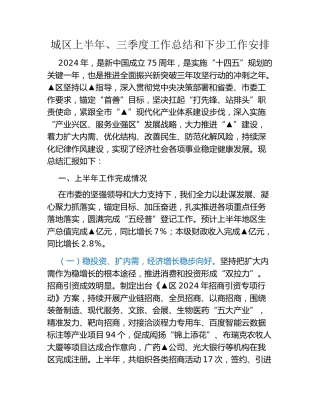 城区上半年、三季度工作总结和下步工作安排