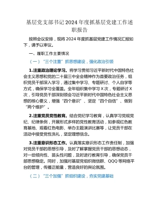 基层党支部书记2024年度抓基层党建工作述职报告