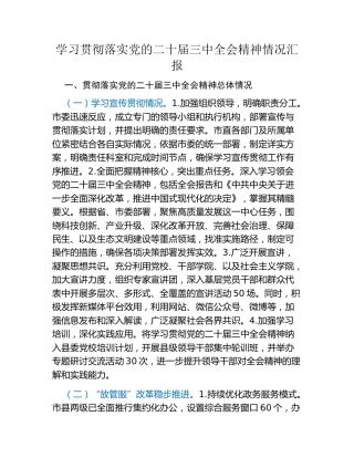 学习贯彻落实党的二十届三中全会精神情况汇报