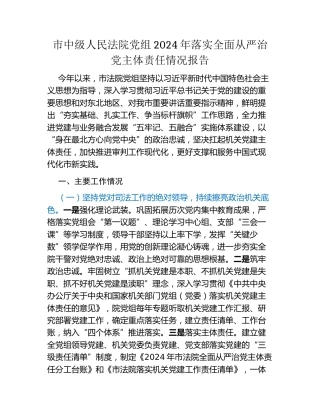 市中级人民法院党组2024年落实全面从严治党主体责任情况报告