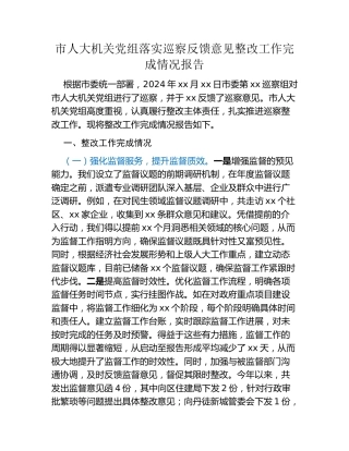 市人大机关党组落实巡察反馈意见整改工作完成情况报告