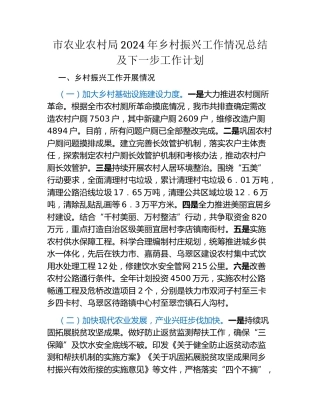 市农业农村局2024年乡村振兴工作情况总结及下一步工作计划