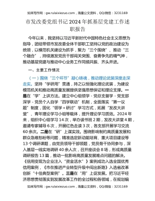 市发改委党组书记2024年抓基层党建工作述职报告