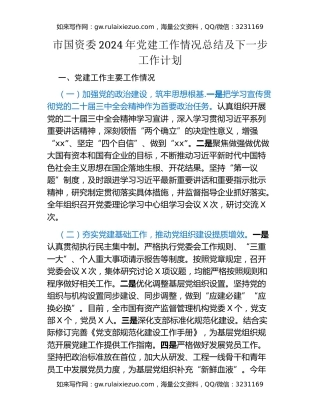 市国资委2024年党建工作情况总结及下一步工作计划