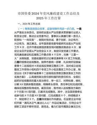 市国资委2024年党风廉政建设工作总结及2025年工作打算