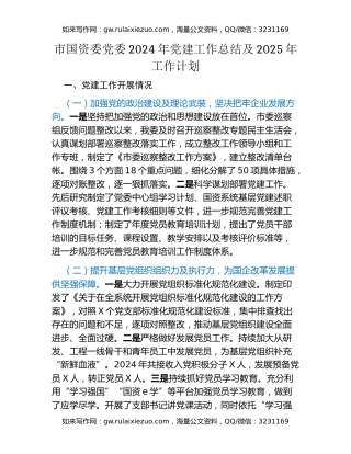 市国资委党委2024年党建工作总结及2025年工作计划