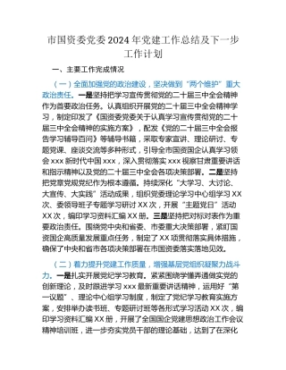 市国资委党委2024年党建工作总结及下一步工作计划