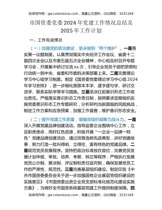 市国资委党委2024年党建工作情况总结及2025年工作计划（2）