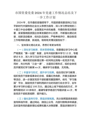 市国资委党委2024年党建工作情况总结及下一步工作计划