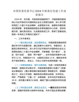 市国资委党委书记2024年抓基层党建工作述职报告