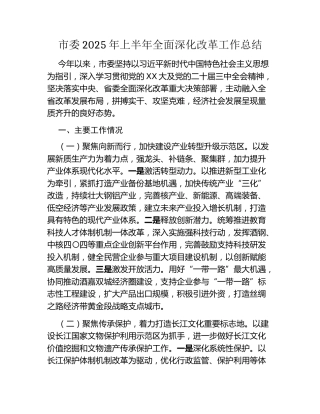 市委2025年上半年全面深化改革工作总结