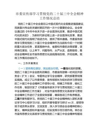 市委宣传部学习贯彻党的二十届三中全会精神工作情况总结