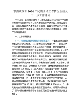 市委统战部2024年民族团结工作情况总结及下一步工作计划