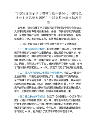 市委领导班子学习贯彻习近平新时代中国特色社会主义思想专题民主生活会整改落实情况报告