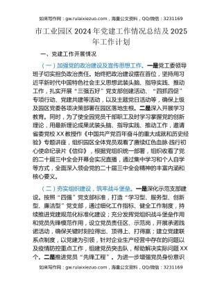 市工业园区2024年党建工作情况总结及2025年工作计划