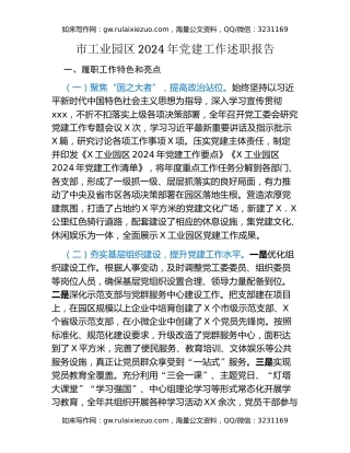 市工业园区2024年党建工作述职报告