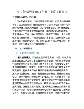 市应急管理局 2024 年前三季度工作报告