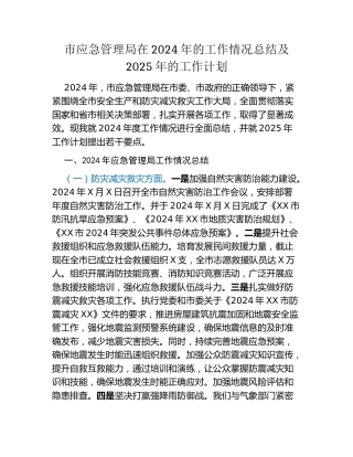 市应急管理局在2024年的工作情况总结及2025年的工作计划