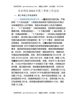 市水利局2024年第三季度工作总结