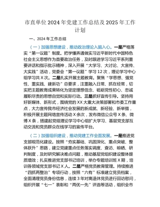 市直单位2024年党建工作总结及2025年工作计划
