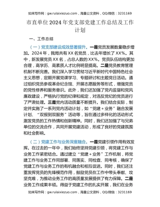 市直单位2024年党支部党建工作总结及工作计划