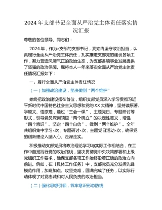年支部书记全面从严治党主体责任落实情况汇报