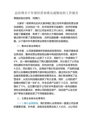 总经理关于年度经营业绩完成情况的工作报告