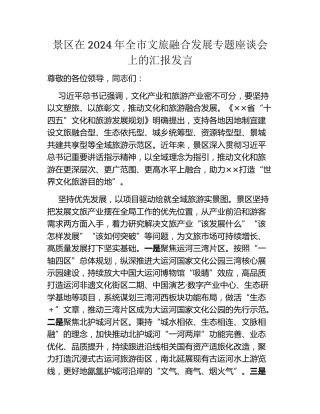 景区在2024年全市文旅融合发展专题座谈会上的汇报发言