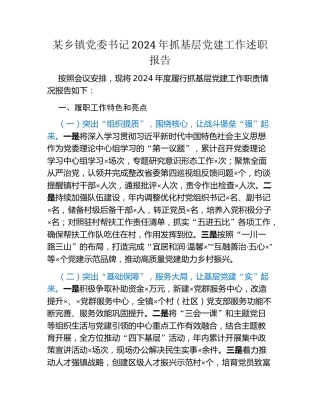 某乡镇党委书记2024年抓基层党建工作述职报告