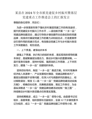 某县在2024年全市抓党建促乡村振兴暨基层党建重点工作推进会上的汇报发言