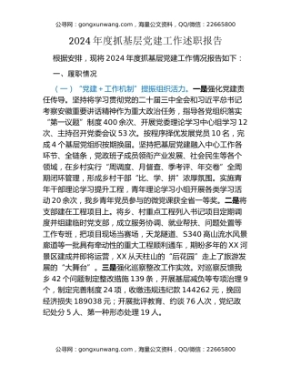 2024年度抓基层党建工作述职报告