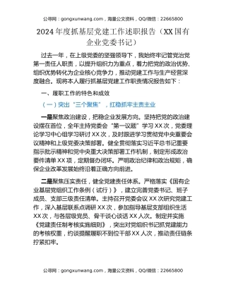 2024年度抓基层党建工作述职报告​​ ​​(XX国有企业党委书记)​​