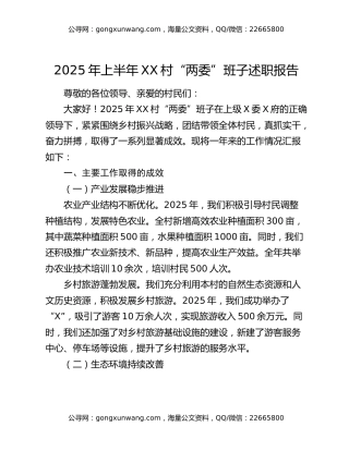 2025年上半年xx村“两委”班子述职报告